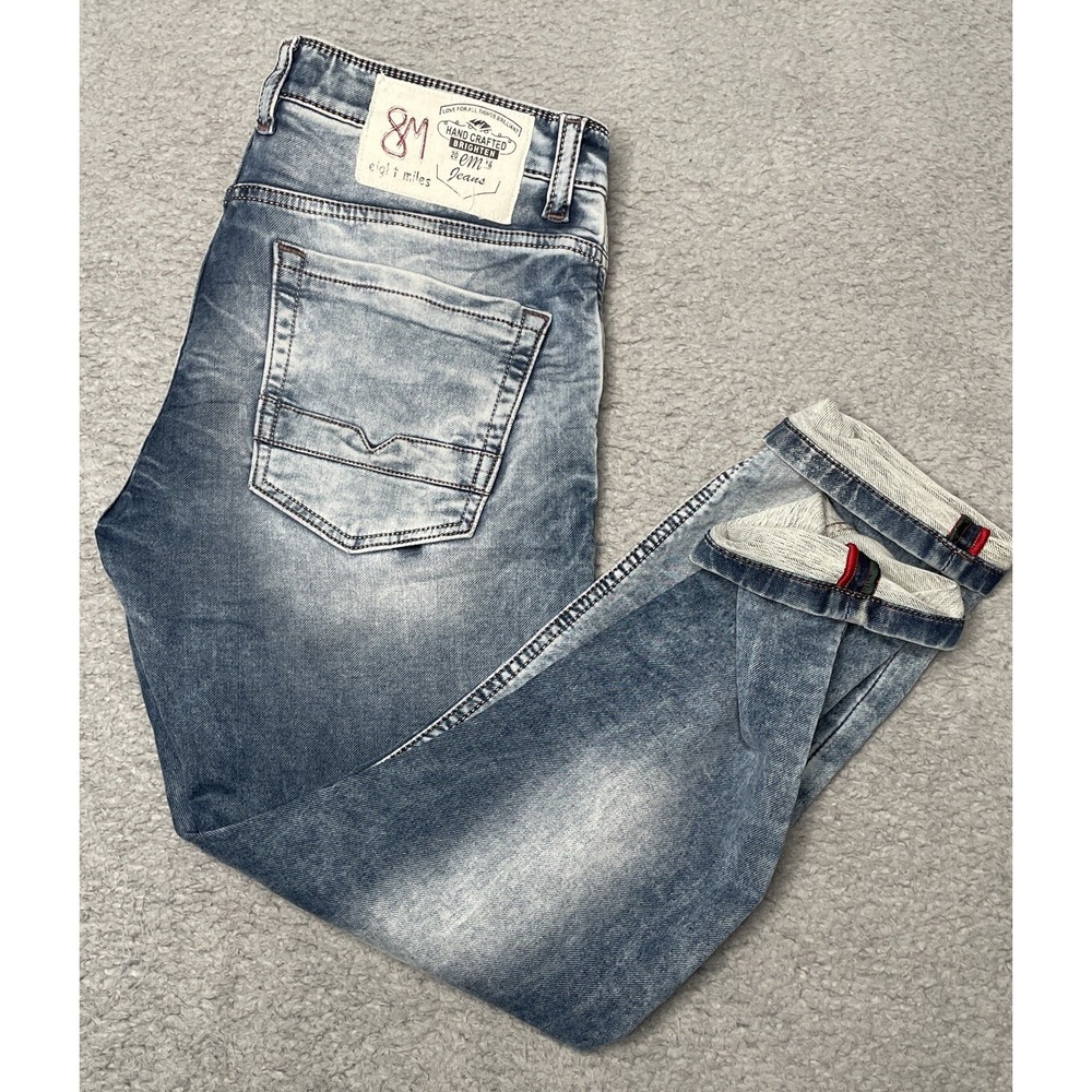 RARE Eight Miles Premium Denim Blue Jeans Light Wash Hand Crafted Pants Mens 36‎